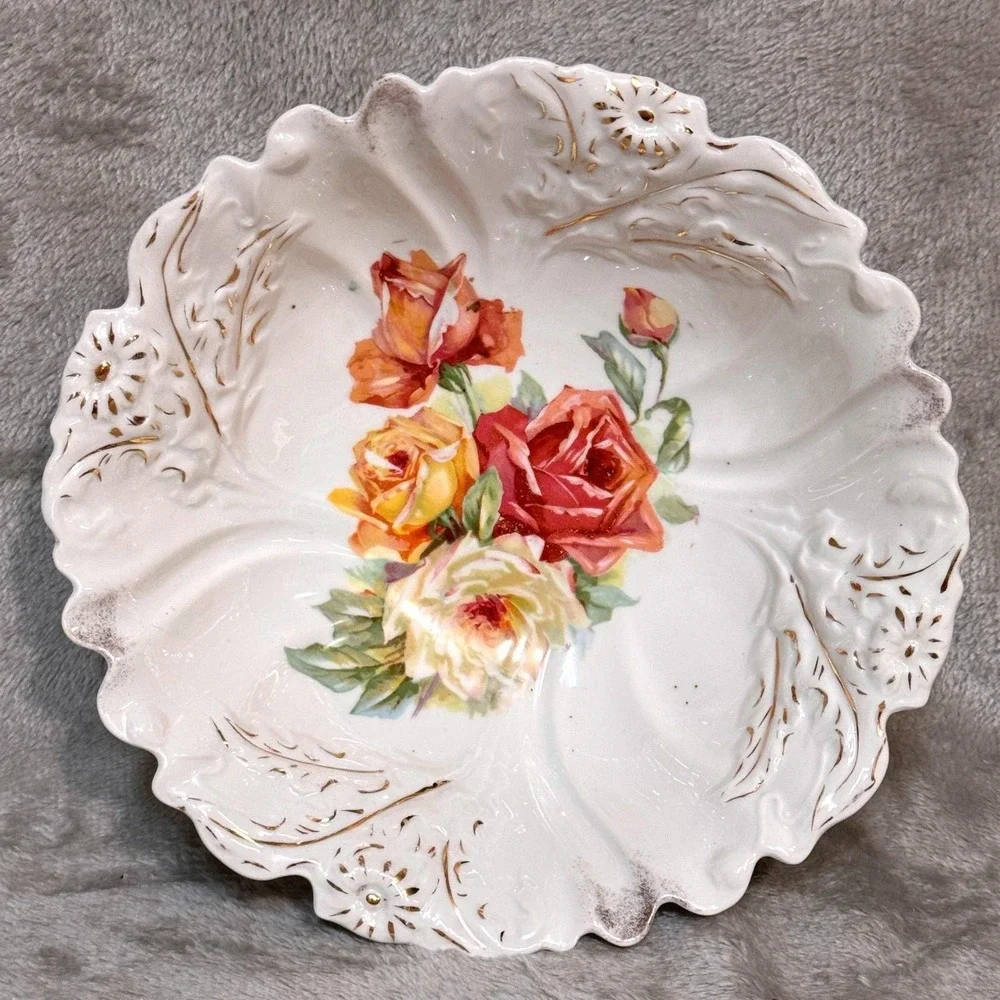 Vintage PS Germany Porcelain Rose Bowl Scalloped Gold Gilt Floral Centerpiece‎